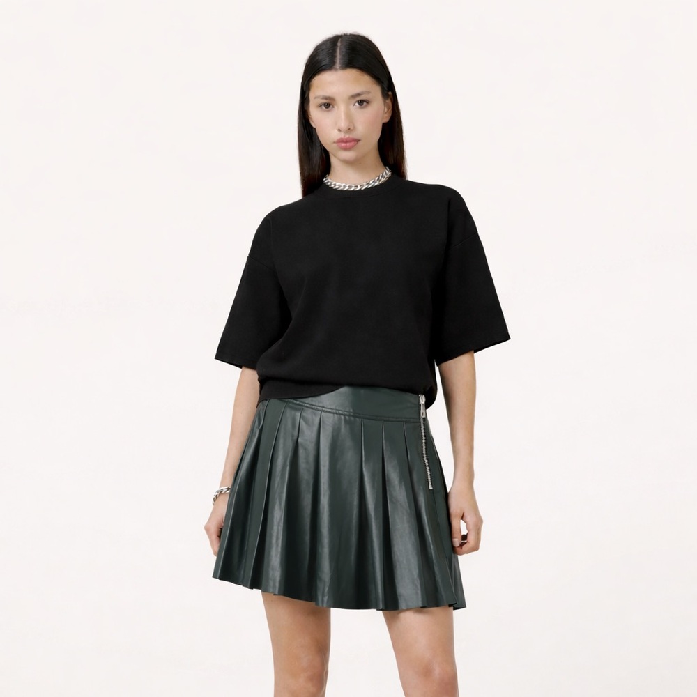 AllSaints Flore Genuine Leather Pleated Mini Skirt Dark Green US 2
